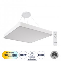 GloboStar® KAMALA 61211-P Κρεμαστή Πλαφονιέρα Οροφής LED CCT 100W 11020lm 120° AC 220-240V - Εναλλαγή Φωτισμού μέσω Τηλεχειριστηρίου All In One Ψυχρό 6000k+Φυσικό 4500k+Θερμό 2700k Dimmable Μ80 x Π80 x Υ8cm - Λευκό - 3 Years Warranty