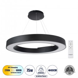 GloboStar® RA 61196 Κρεμαστό Φωτιστικό Δαχτυλίδι-Κύκλος LED CCT 75W 8250lm 120° AC 220-240V - Εναλλαγή Φωτισμού μέσω Τηλεχειριστηρίου All In One Ψυχρό 6000k+Φυσικό 4500k+Θερμό 2700k Dimmable Φ80cm - Μαύρο - 3 Years Warranty