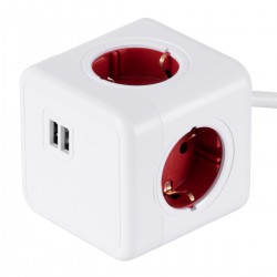 GloboStar® TRAVEL PowerCube PRO Certified 79642 Πολύπριζο 6 Θέσεων με 1.5m Kαλώδιο - 4 Πρίζες Ασφαλείας Childproof EU Schuko AC 220-240V & 2 Πρίζες USB Max 2.1A/DC 5V Μ7.5 x Π7.5 x Υ7.5 - Λευκό με Κόκκινο - Max Load 3680W/16A