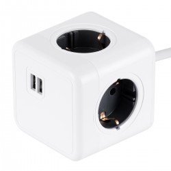 GloboStar® TRAVEL PowerCube PRO Certified 79639 Πολύπριζο 6 Θέσεων με 1.5m Kαλώδιο - 4 Πρίζες Ασφαλείας Childproof EU Schuko AC 220-240V & 2 Πρίζες USB Max 2.1A/DC 5V Μ7.5 x Π7.5 x Υ7.5 - Λευκό με Γκρι - Max Load 3680W/16A