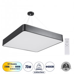 GloboStar® KAMALA 61208-P Κρεμαστή Πλαφονιέρα Οροφής LED CCT 75W 8625lm 120° AC 220-240V - Εναλλαγή Φωτισμού μέσω Τηλεχειριστηρίου All In One Ψυχρό 6000k+Φυσικό 4500k+Θερμό 2700k Dimmable Μ60 x Π60 x Υ8cm - Μαύρο - 3 Years Warranty