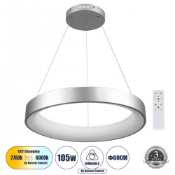 GloboStar® SALEM 61246 Κρεμαστή Πλαφονιέρα Οροφής Δαχτυλίδι-Κύκλος LED CCT 105W 12075lm 120° AC 220-240V - Εναλλαγή Φωτισμού μέσω Τηλεχειριστηρίου All In One Ψυχρό 6000k+Φυσικό 4500k+Θερμό 2700k Dimmable Φ60cm - Ασημί - 3 Years Warranty