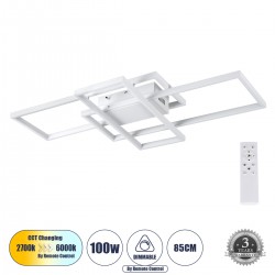 GloboStar® QUADRA 61386 Φωτιστικό Οροφής Design LED CCT 100W 12000lm 120° AC 220-240V - Εναλλαγή Φωτισμού μέσω Τηλεχειριστηρίου All In One Ψυχρό 6000k+Φυσικό 4500k+Θερμό 2700k Dimmable Μ85 x Π45 x Υ9cm - Λευκό - 3 Years Warranty