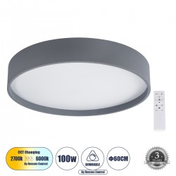 GloboStar® NARNIA 61260 Πλαφονιέρα Οροφής LED CCT 100W 11500lm 120° AC 220-240V - Εναλλαγή Φωτισμού μέσω Τηλεχειριστηρίου All In One Ψυχρό 6000k+Φυσικό 4500k+Θερμό 2700k Dimmable Φ60 x Υ10cm - Γκρι Ανθρακί - 3 Years Warranty