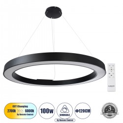 GloboStar® RA 61198 Κρεμαστό Φωτιστικό Δαχτυλίδι-Κύκλος LED CCT 100W 11020lm 120° AC 220-240V - Εναλλαγή Φωτισμού μέσω Τηλεχειριστηρίου All In One Ψυχρό 6000k+Φυσικό 4500k+Θερμό 2700k Dimmable Φ120cm - Μαύρο - 3 Years Warranty