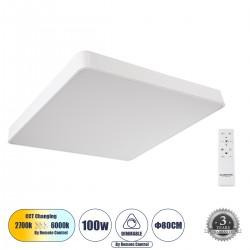 GloboStar® KAMALA 61211-S Πλαφονιέρα Οροφής LED CCT 100W 11020lm 120° AC 220-240V - Εναλλαγή Φωτισμού μέσω Τηλεχειριστηρίου All In One Ψυχρό 6000k+Φυσικό 4500k+Θερμό 2700k Dimmable Μ80 x Π80 x Υ8cm - Λευκό - 3 Years Warranty