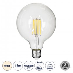 GloboStar® 99055 Λάμπα LED Long Filament E27 G125 Γλόμπος 12W 1320lm 360° AC 220-240V IP20 Φ12.5 x Υ18cm Φυσικό Λευκό 4000K με Διάφανο Γυαλί - Dimmable - 3 Years Warranty