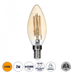 GloboStar® 99058 Λάμπα LED Ultra Thin Soft S Spiral Filament E14 C35 Κεράκι 2W 140lm 360° AC 220-240V IP20 Φ3.5 x Υ10.5cm Ultra Θερμό Λευκό 2200K με Μελί Γυαλί - Dimmable - 3 Years Warranty