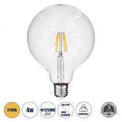 GloboStar® 99012 Λάμπα LED Long Filament E27 G125 Γλόμπος 4W 400lm 360° AC 220-240V IP20 Φ12.5 x Υ18cm Θερμό Λευκό 2700K με Διάφανο Γυαλί - Dimmable - 3 Years Warranty