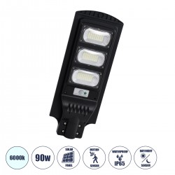 GloboStar® STREETA 85343 Professional LED Solar Street Light Αυτόνομο Ηλιακό Φωτιστικό Δρόμου 90W 900lm 144 x LED SMD 5730 με Ενσωματωμένο Φωτοβολταϊκό Panel 6V 12W & Επαναφορτιζόμενη Μπαταρία Li-ion 3.2V 12000mAh με Αισθητήρα Ημέρας-Νύχτας & PIR 