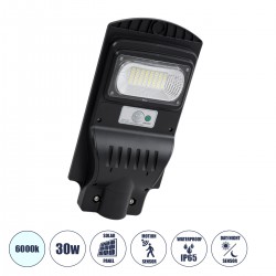 GloboStar® STREETA 85341 Professional LED Solar Street Light Αυτόνομο Ηλιακό Φωτιστικό Δρόμου 30W 300lm 48 x LED SMD 5730 με Ενσωματωμένο Φωτοβολταϊκό Panel 6V 6W & Επαναφορτιζόμενη Μπαταρία Li-ion 3.2V 5000mAh με Αισθητήρα Ημέρας-Νύχτας & PIR Αισ