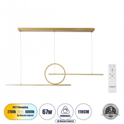 GloboStar® TEREZA 61289 Κρεμαστό Φωτιστικό Οροφής Design LED CCT 67W 7504lm 300° AC 220-240V - Εναλλαγή Φωτισμού μέσω Τηλεχειριστηρίου All In One Ψυχρό 6000k+Φυσικό 4500k+Θερμό 2700k Dimmable Μ110 x Π4.5 x Υ34cm - Χρυσό Πλατίνα - 3 Years Warranty