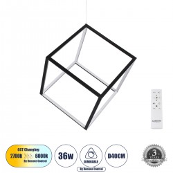 GloboStar® KIBOO 60929 Κρεμαστό Φωτιστικό Οροφής Design LED CCT 36W 4150lm 360° AC 220-240V - Εναλλαγή Φωτισμού μέσω Τηλεχειριστηρίου All In One Ψυχρό 6000k+Φυσικό 4500k+Θερμό 2700k Dimmable Μ40 x Π40 x Υ40cm - Μαύρο - 3 Years Warranty