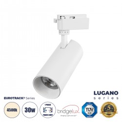 GloboStar® LUGANO 60813 Μονοφασικό Φωτιστικό Σποτ Ράγας LED 30W 3750lm 36° Acrylic HQ LENS AC 220-240V IP20 Φ7.5 x Υ22.7cm Φυσικό Λευκό 4500K - EUROTRACK® System 1L+1N - Λευκό - Bridgelux Chip - TÜV Certified Driver - 5 Χρόνια Εγγύηση