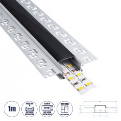 GloboStar® PLASTERBOARD-PROFILE 70820-1M Προφίλ Αλουμινίου - Βάση & Ψύκτρα Ταινίας LED με Μαύρο Φιμέ Κάλυμμα - Χωνευτή Χρήση σε Γυψοσανίδα - Trimless - Πατητό Κάλυμμα - Ασημί - 1 Μέτρο - Μ100 x Π6.7 x Υ1.4cm