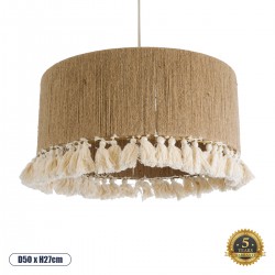 GloboStar® PUERTORICO 02094 Boho Κρεμαστό Φωτιστικό Καπέλο Μονόφωτο 1 x E27 IP20 Μπεζ & Λευκό Σχοινί - Μ50 x Π50 x Υ27cm