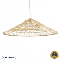 GloboStar® KAIA 02348 Boho Κρεμαστό Φωτιστικό Καμπάνα Μονόφωτο 1 x E27 IP20 Μπεζ Ξύλο - Μ100 x Π100 x Υ30cm