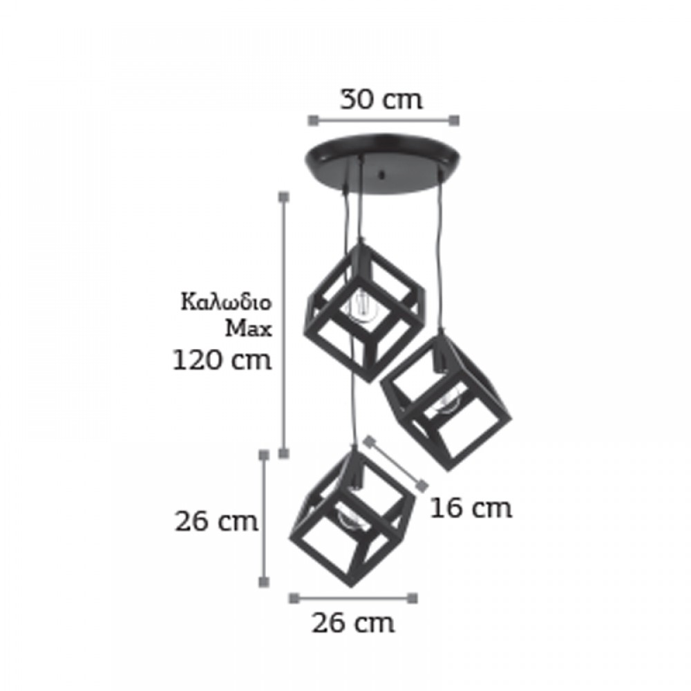 InLight Κρεμαστό φωτιστικό από μαύρο μέταλλο 3XE27 D:30cm (4400-3-BL-ΡΟΖΕΤΑ)