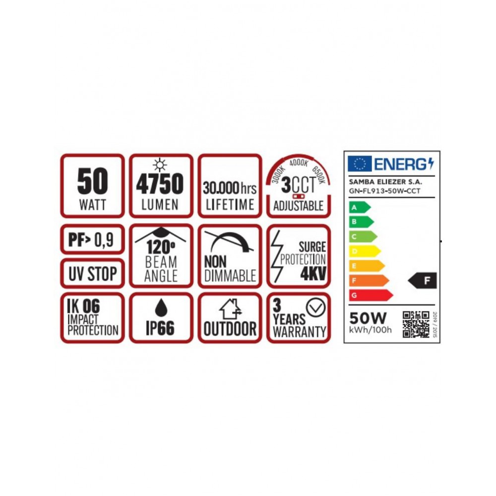 ΠΡΟΒΟΛΕΑΣ LED DOB 50W 3CCT(3000/4000/6500K) 180-265V 4750m 120° IP66 ΑΝΘΡΑΚΙ UNIVERSE