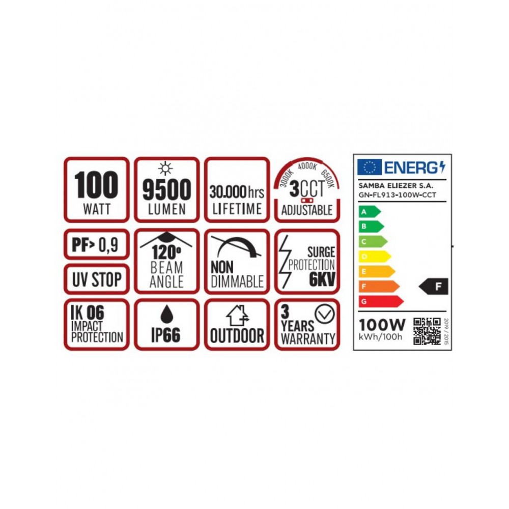 ΠΡΟΒΟΛΕΑΣ LED DOB 100W 3CCT(3000/4000/6500K) 180-265V 9500lm 120° IP66 ΑΝΘΡΑΚΙ UNIVERSE