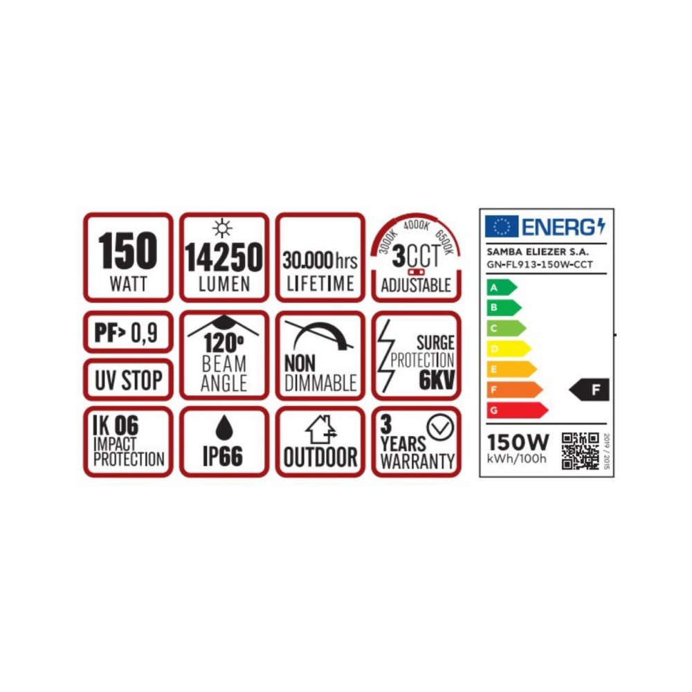 ΠΡΟΒΟΛΕΑΣ LED DOB 150W 3CCT(3000/4000/6500K) 180-265V 14250m 120° IP66 ΑΝΘΡΑΚΙ UNIVERSE