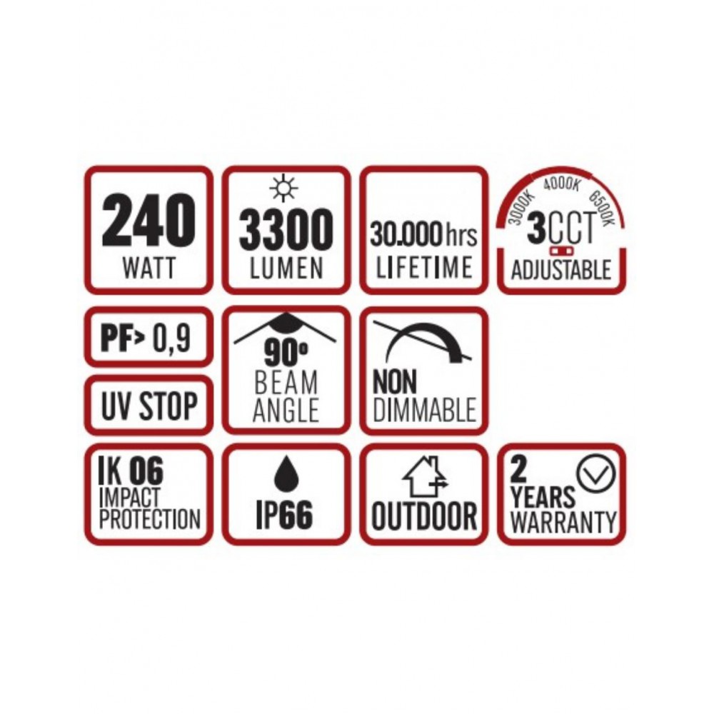 ΠΡΟΒΟΛΕΑΣ LED ME ΗΛΙΑΚΟ ΠΑΝΕΛ SMD PROFESSIONAL 240W 3CCT(3000/4000/6500K) 3300lm 90° IP65 ΑΝΘΡΑΚΙ UNIVERSE