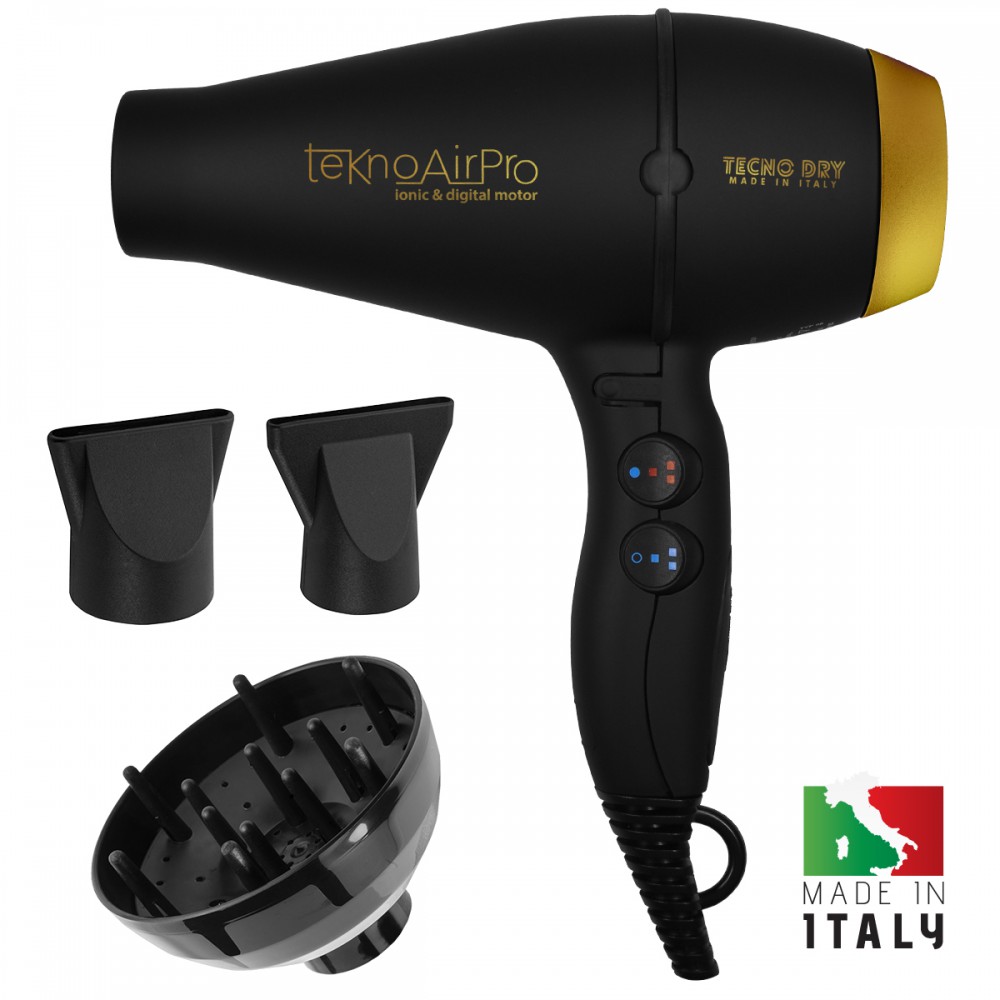 TeknoAirPro Black Ultra Ionic Line - Επαγγελματικό Πιστολάκι Μαλλιών Με 2 Στόμια & Φυσούνα 2650 W