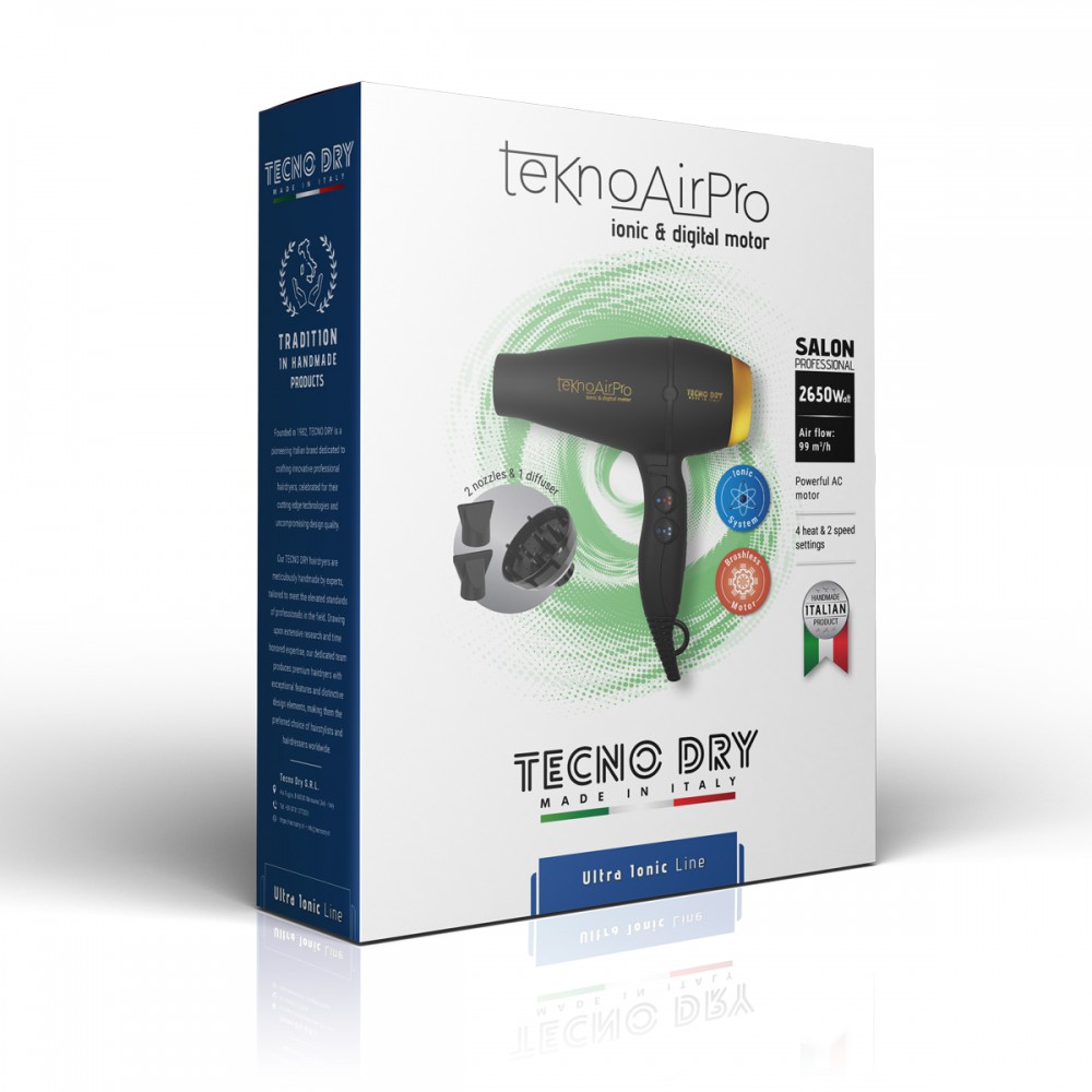 TeknoAirPro Black Ultra Ionic Line - Επαγγελματικό Πιστολάκι Μαλλιών Με 2 Στόμια & Φυσούνα 2650 W
