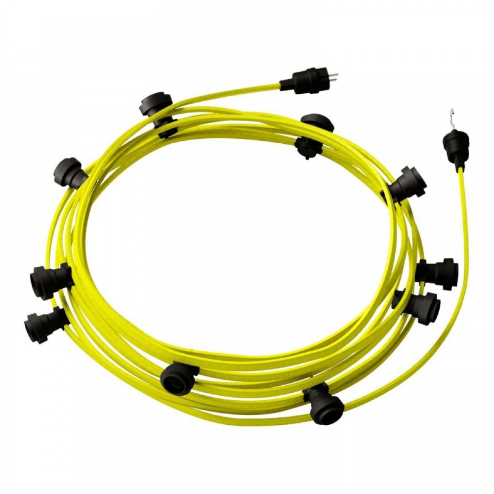 Γιρλάντα Έτοιμη Για Χρήση, 12,5m Υφασμάτινο Καλώδιο Πλακέ Κίτρινο Φωσφοριζέ CF10 με 10 Ντουί, Γάντζο Και Φις Creative Cables