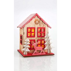 Ξύλινο Φωτιζόμενο Διακοσμητικό Σπίτι Κόκκινο Με LED Θέρμο Λευκό 16x14x18 cm Magic Christmas