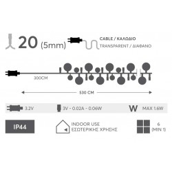 20 LED Σε Σειρά με Μετασχηματιστή Με Διακοσμητικές Γαλάζιες Μπάλες - 5m IP44 2800Κ Magic Christmas