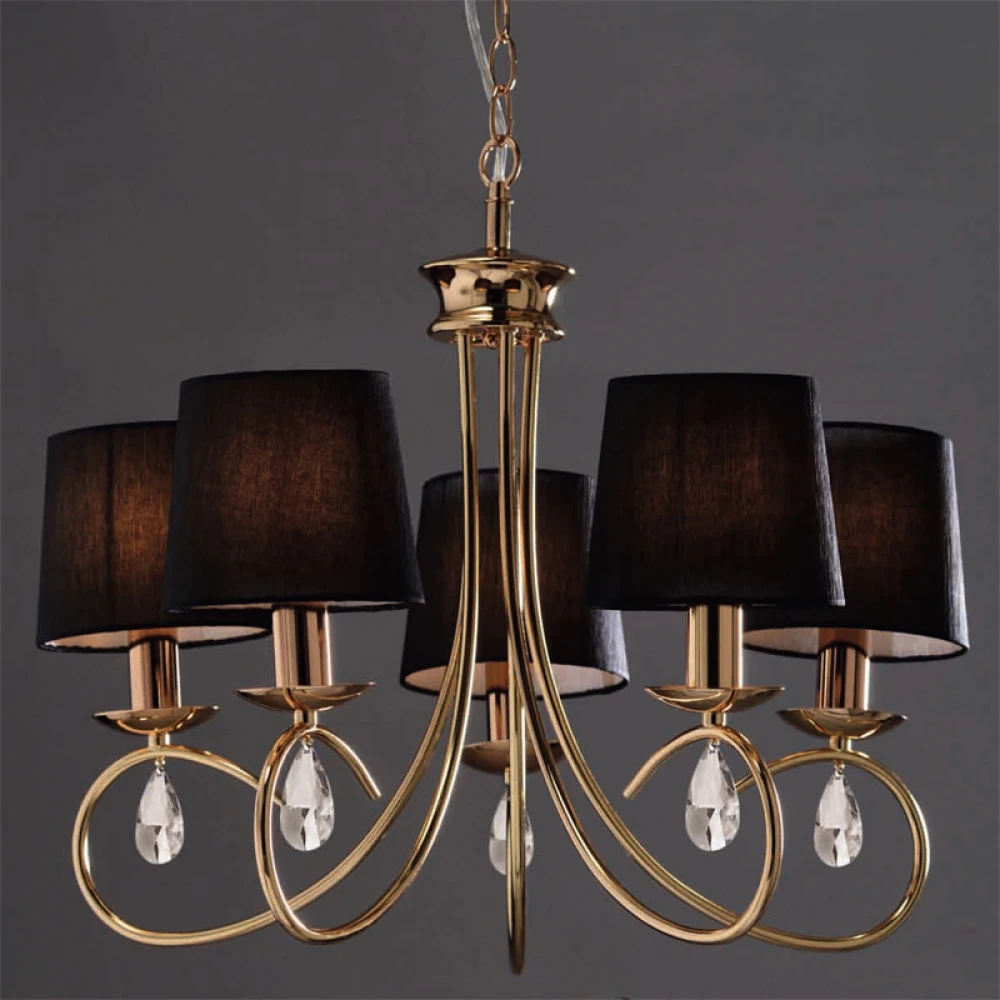 Μεταλλικό Φωτιστικό Πολυέλαιος Χρυσοχάλκινο Με Μαύρα Σαγρέ Υφασμάτινα Καπέλα Και Κρύσταλλα 5xE14 