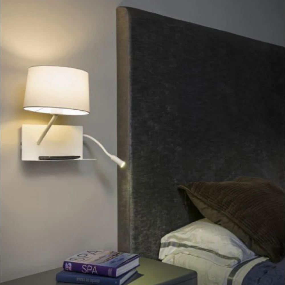 Μεταλλική Απλίκα Με Υφασμάτινο Καπέλο Και Ράφι Με USB Φορτιστή Και LED (Αριστερής Πλευράς) 1XE27 HANDY FARO