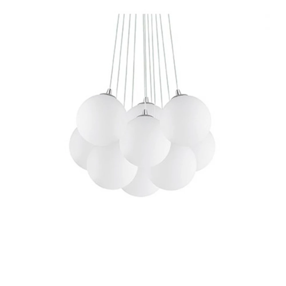 Μεταλλικό Κρεμαστό Πολύφωτο Φωτιστικό Σε Σατινέ Νίκελ Και Λευκό Γυαλί 11XE14 MAPA BIANCO IDEAL LUX