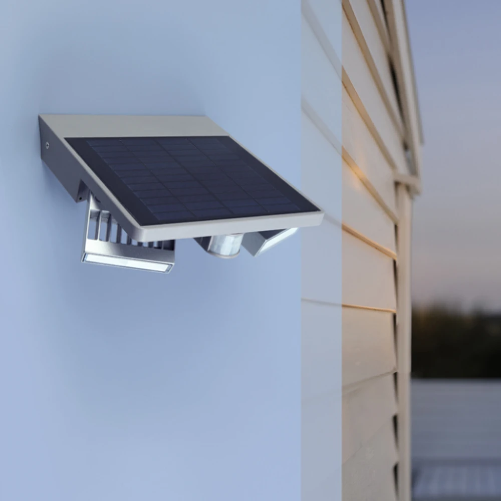 LED Ηλιακό Επιτοίχιο Φωτιστικό 4W Με Δύο Σπότ Σε Ασημί Χρώμα Με Αισθητήρα Κίνησης 96º IP44 TILLY LUTEC