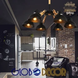 Vintage Ξύλινο Φωτιστικό Με Καμπάνες Oldschool Μαύρο Ματ 6XE27 Globostar