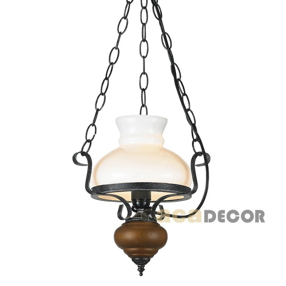 Φωτιστικό Κρεμαστό Μονόφωτο Μαύρο-Ασημί Με Ξύλο & Λευκό Γυαλί Με Ντουί Ε27  Aca 