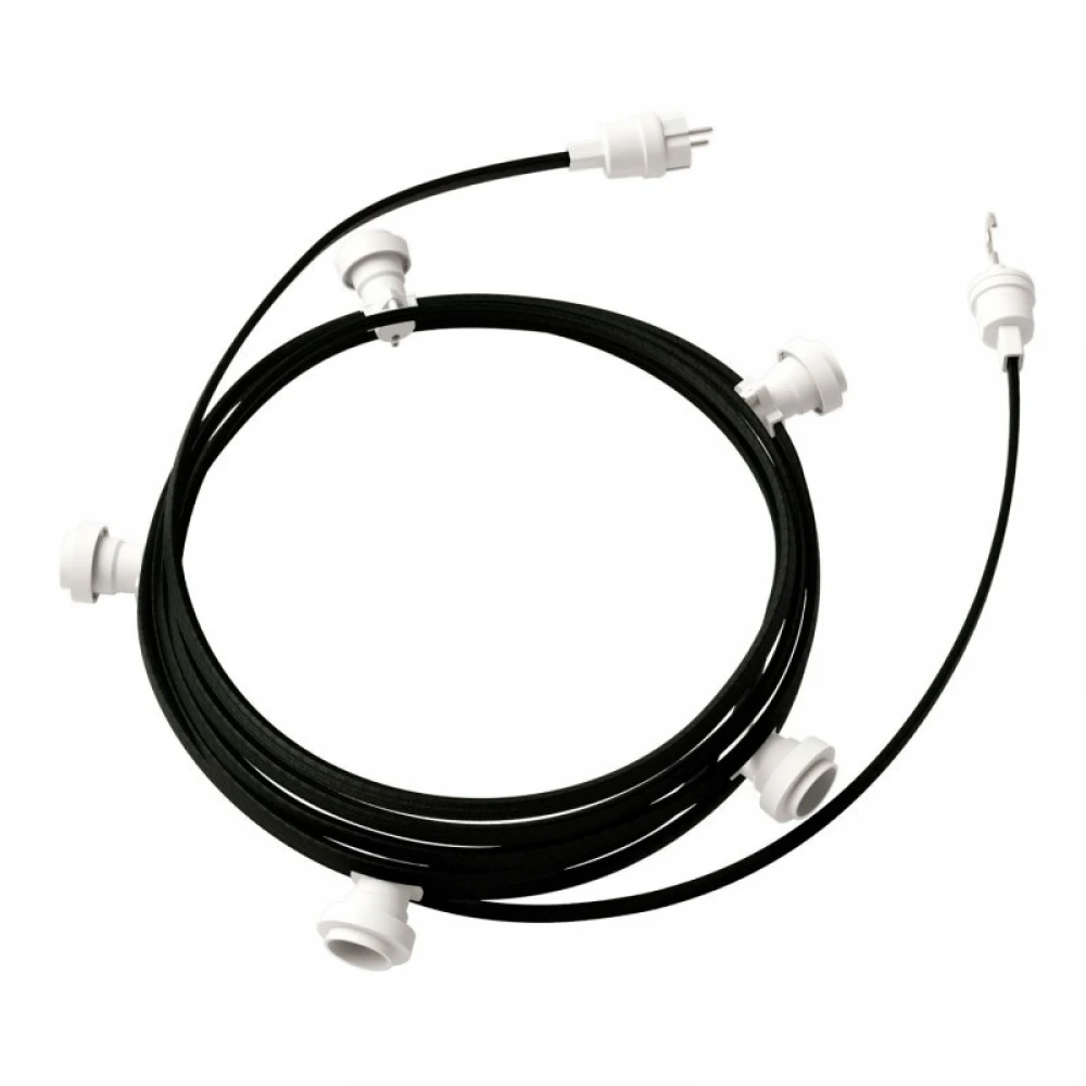 Γιρλάντα Έτοιμη Για Χρήση, 7,5m Υφασμάτινο Καλώδιο Πλακέ Μαύρο CM04 με 5 Ντουί, Γάντζο Και Φις Creative Cables