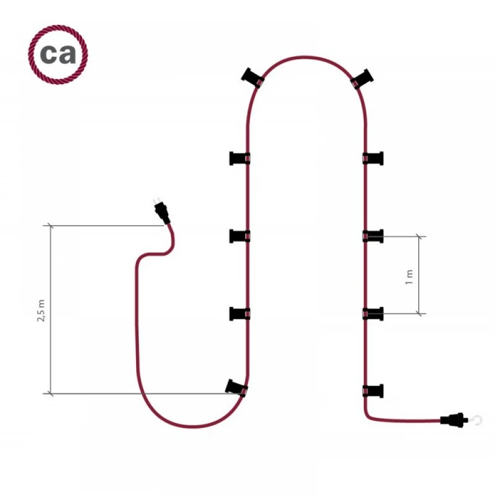 Γιρλάντα Έτοιμη Για Χρήση, 12,5m Υφασμάτινο Καλώδιο Πλακέ Ψαροκόκκαλο Ασπρόμαυρο CZ04 με 10 Ντουί, Γάντζο Και Φις Creative Cables