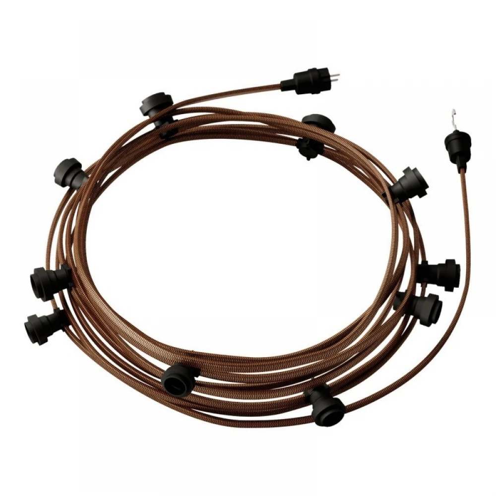 Γιρλάντα Έτοιμη Για Χρήση, 12,5m Υφασμάτινο Καλώδιο Πλακέ Χάλκινο-Μαύρο CZ22 με 10 Ντουί, Γάντζο Και Φις Creative Cables