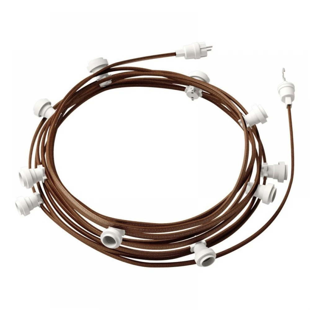 Γιρλάντα Έτοιμη Για Χρήση, 12,5m Υφασμάτινο Καλώδιο Πλακέ Χάλκινο-Μαύρο CZ22 με 10 Ντουί, Γάντζο Και Φις Creative Cables