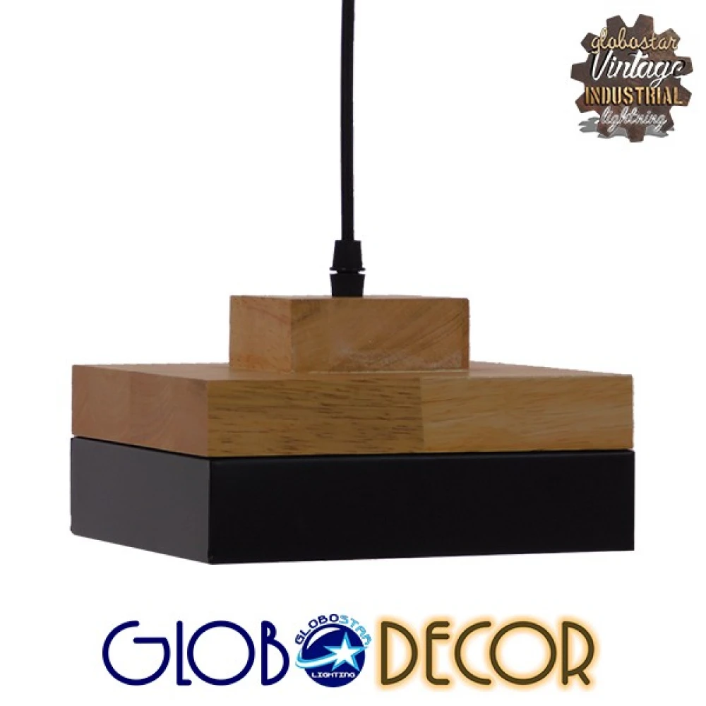 Μοντέρνο Κρεμαστό Φωτιστικό Οροφής Μονόφωτο Μαύρο Μεταλλικό με Φυσικό Ξύλο Καμπάνα Φ18 GloboStar LAOTH