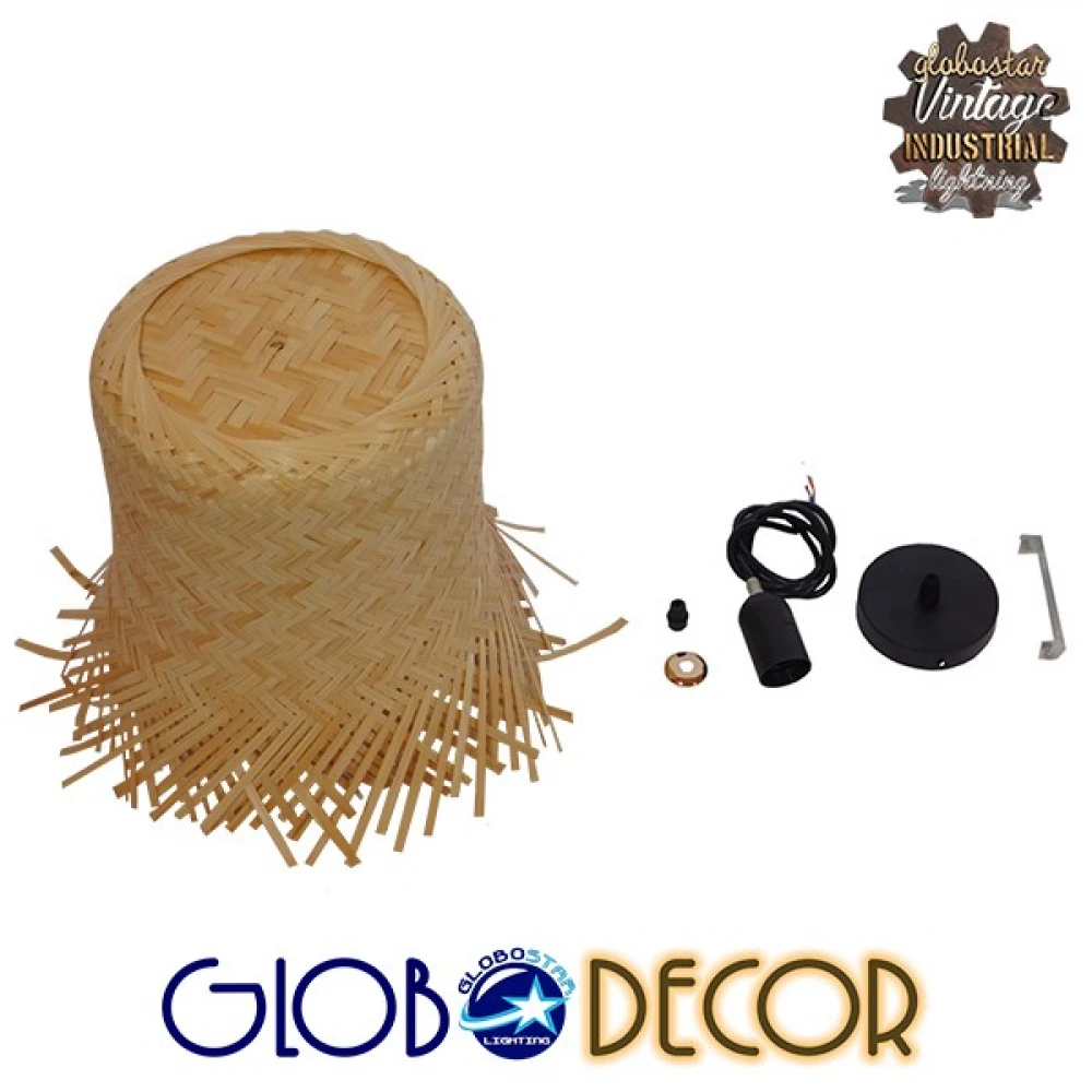 Vintage Κρεμαστό Φωτιστικό Οροφής Μονόφωτο Μπέζ Ξύλινο Rattan Φ28 GloboStar LΕΕGAR