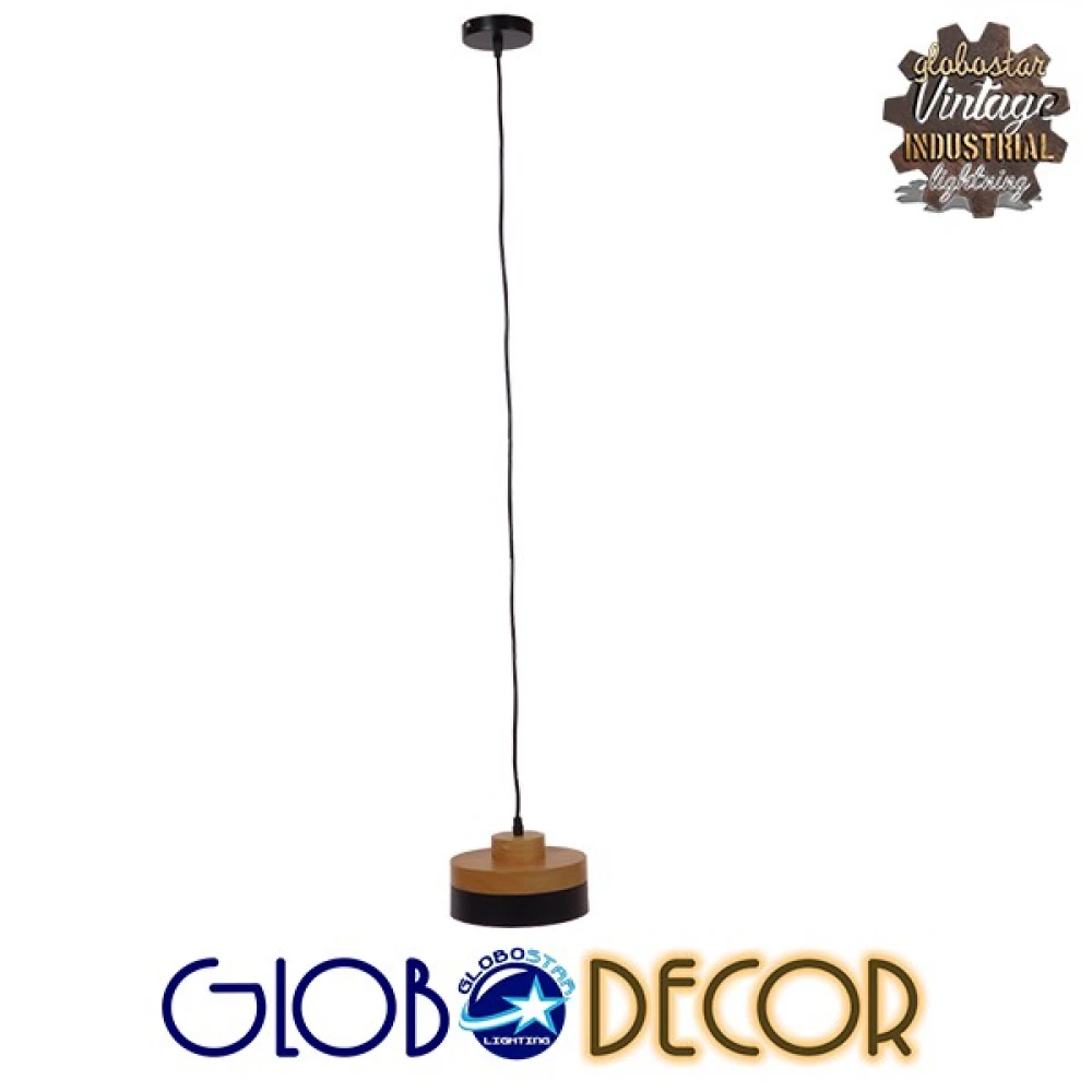 Μοντέρνο Κρεμαστό Φωτιστικό Οροφής Μονόφωτο Μαύρο Μεταλλικό με Φυσικό Ξύλο Καμπάνα Φ18 GloboStar RUHIEL