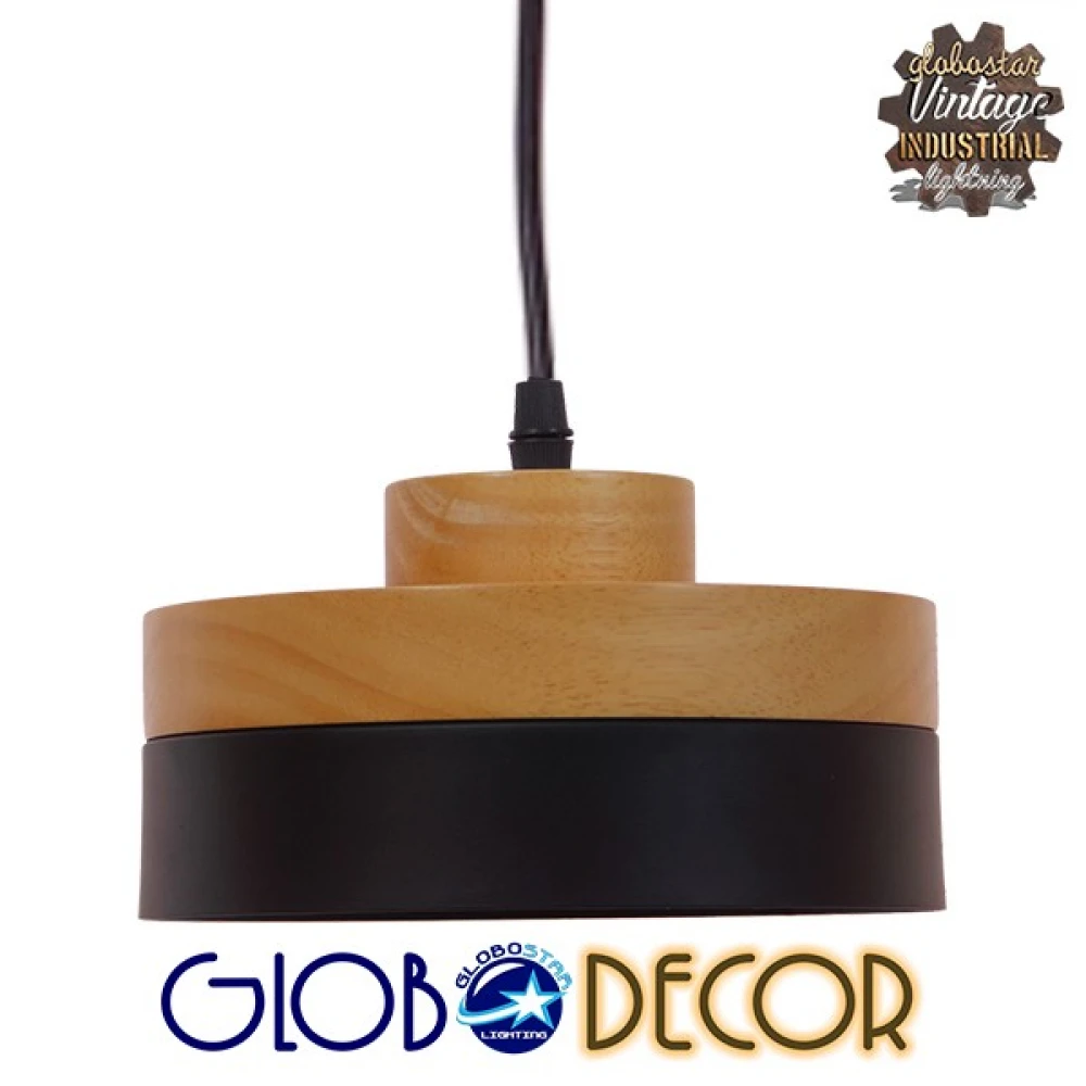 Μοντέρνο Κρεμαστό Φωτιστικό Οροφής Μονόφωτο Μαύρο Μεταλλικό με Φυσικό Ξύλο Καμπάνα Φ18 GloboStar RUHIEL