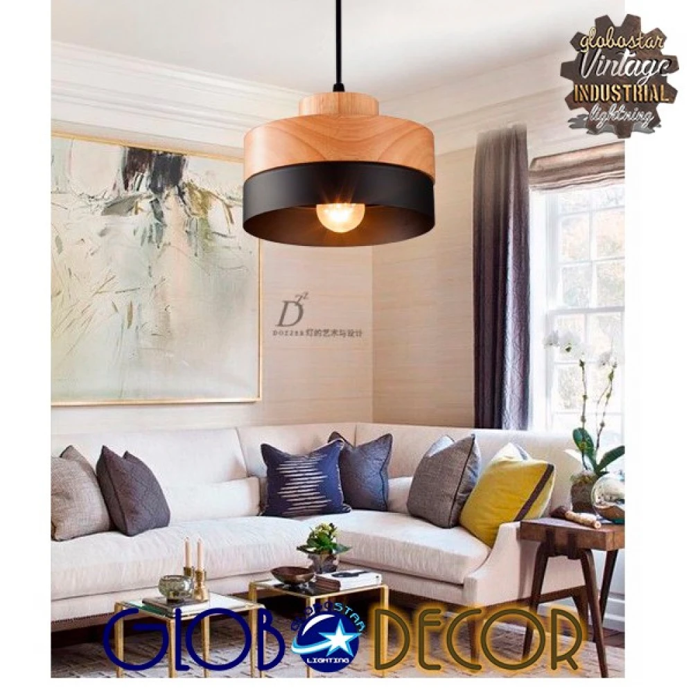 Μοντέρνο Κρεμαστό Φωτιστικό Οροφής Μονόφωτο Μαύρο Μεταλλικό με Φυσικό Ξύλο Καμπάνα Φ18 GloboStar RUHIEL