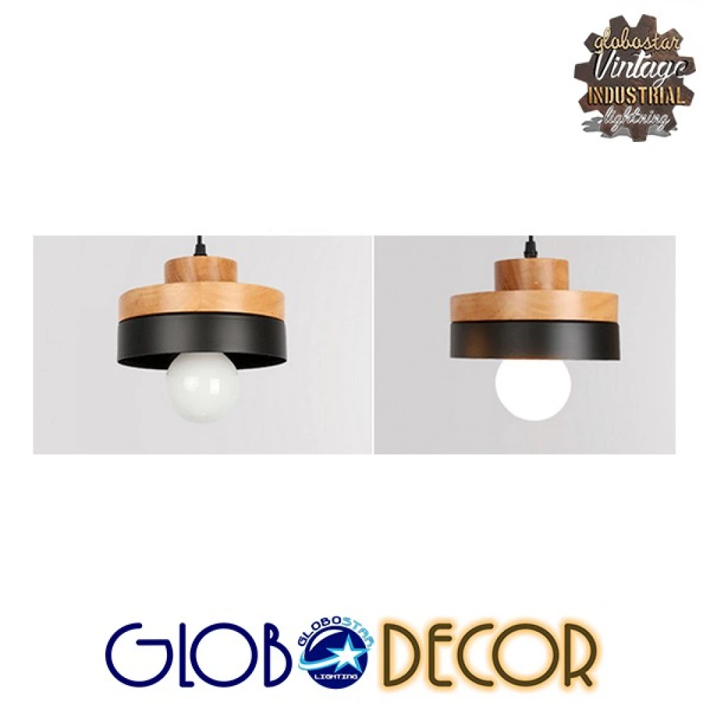 Μοντέρνο Κρεμαστό Φωτιστικό Οροφής Μονόφωτο Μαύρο Μεταλλικό με Φυσικό Ξύλο Καμπάνα Φ18 GloboStar RUHIEL