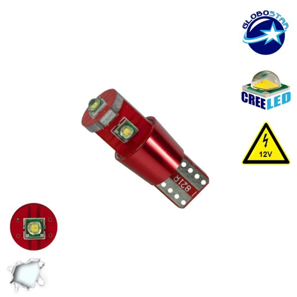 Λαμπτήρας LED T10 Can Bus με 3 CREE LED 12v 6000k GloboStar