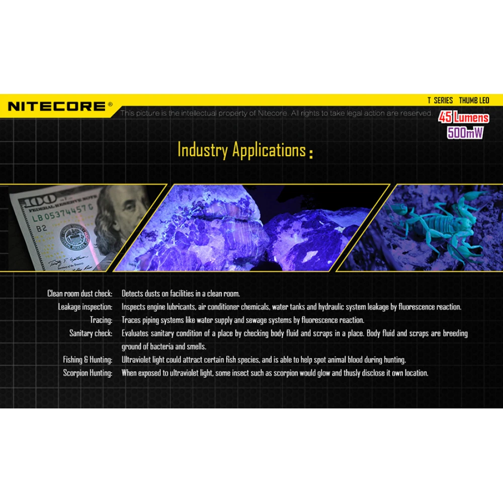 Φακός LED NITECORE THUMB LEO ,Rechargable, 45lumens+500mW UV
