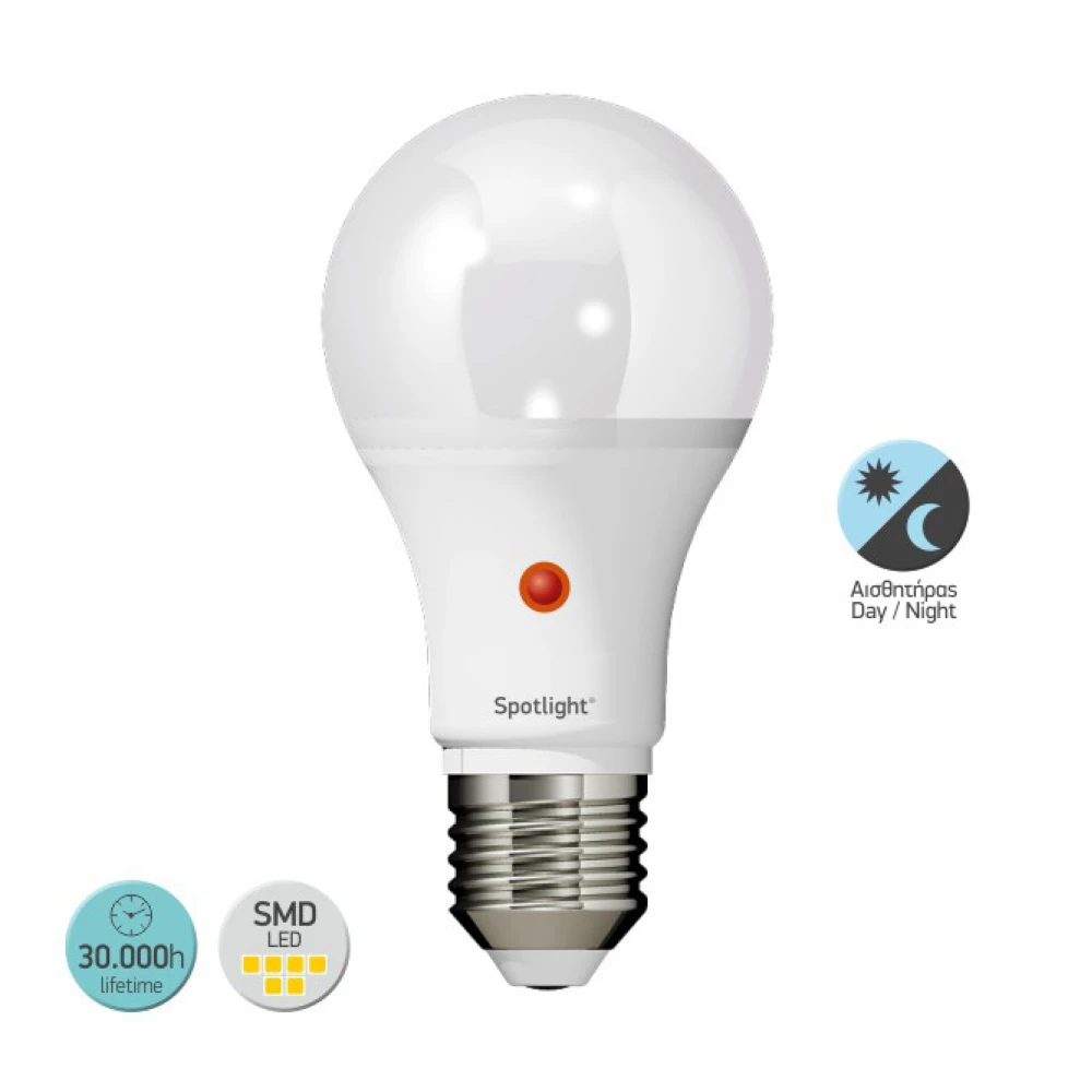 LED SMD Λάμπα E27 A60 10W Με Αισθητήρα Ημέρας-Νύχτας Από Πλαστικό 300° 230V Θερμό 3000K Spotlight